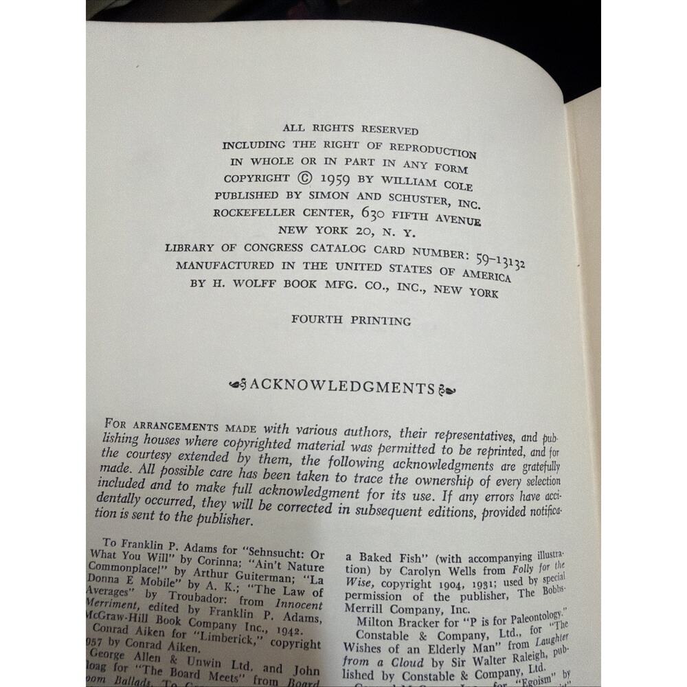 THe Fireside Book Of HUmorous Poetry by William Cole 1959 Hardcover 4th Print - Picture 2 of 4